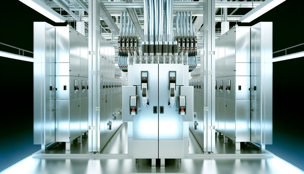a large room with many silver boxes
