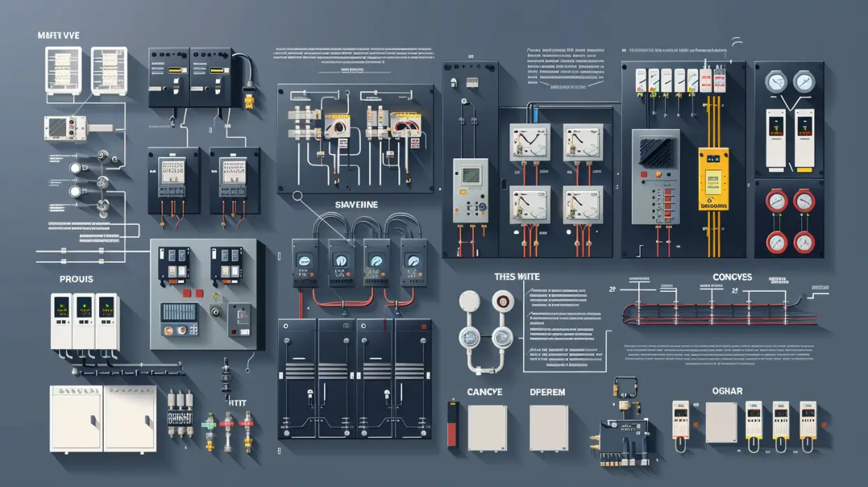 Detailed technical diagram of switchgear components including circuit breakers, relays, enclosures, and draw-out modules, labeled with annotations, clean vector-style, suitable for educational use.