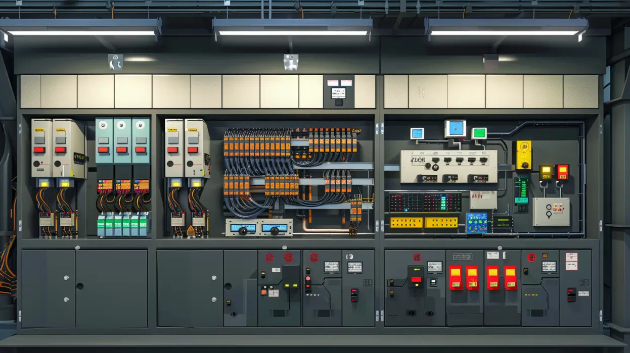 Diagram of a low-voltage switchboard layout showing busbars, branch circuit breakers, meters, control panels, and indicator lights, with clear labels and color-coded sections for clarity, educational style.