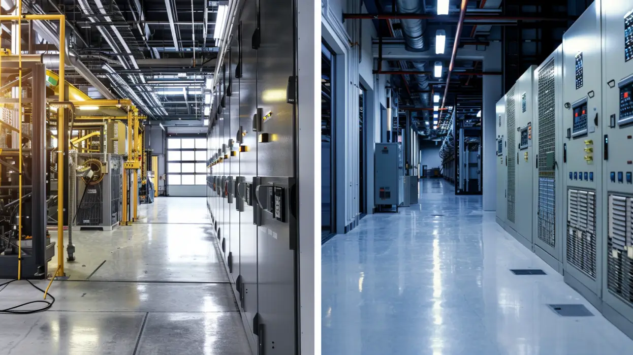 High-resolution photo of an industrial facility with metal-enclosed switchgear panels installed, showing realistic environment, and a second image of a commercial office electrical room with switchboard panels, well-lit and professional.